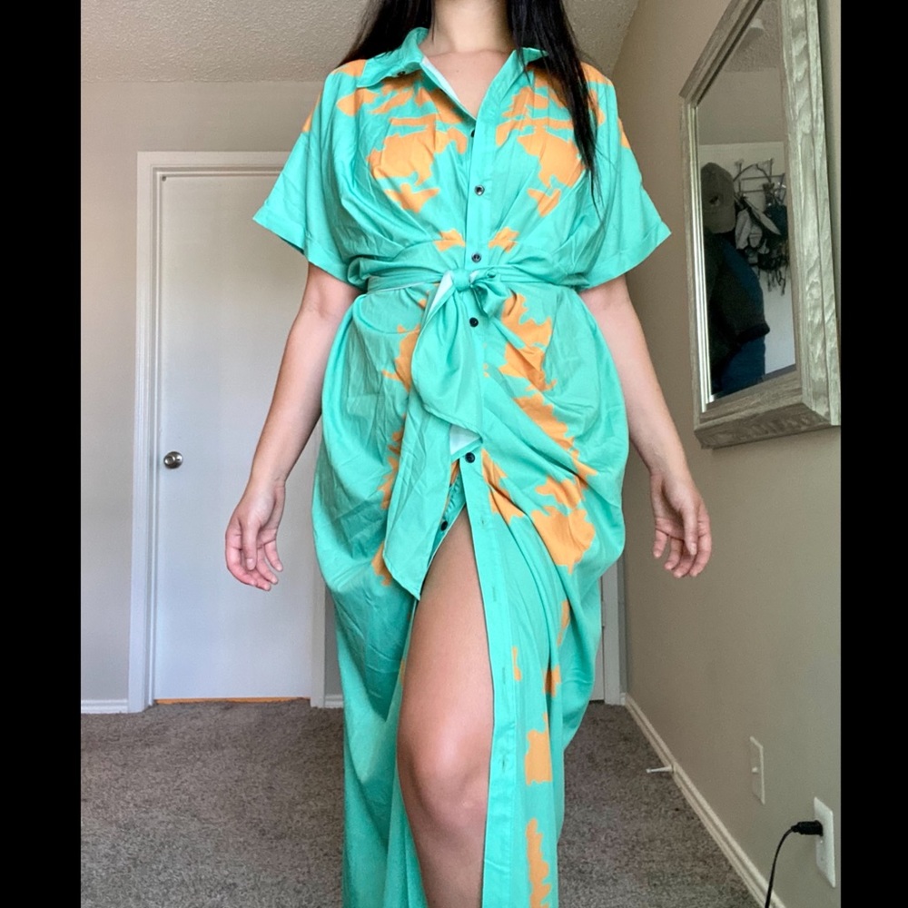 Mint contemporary maxi dress with orange accents. - Picture 9 of 16